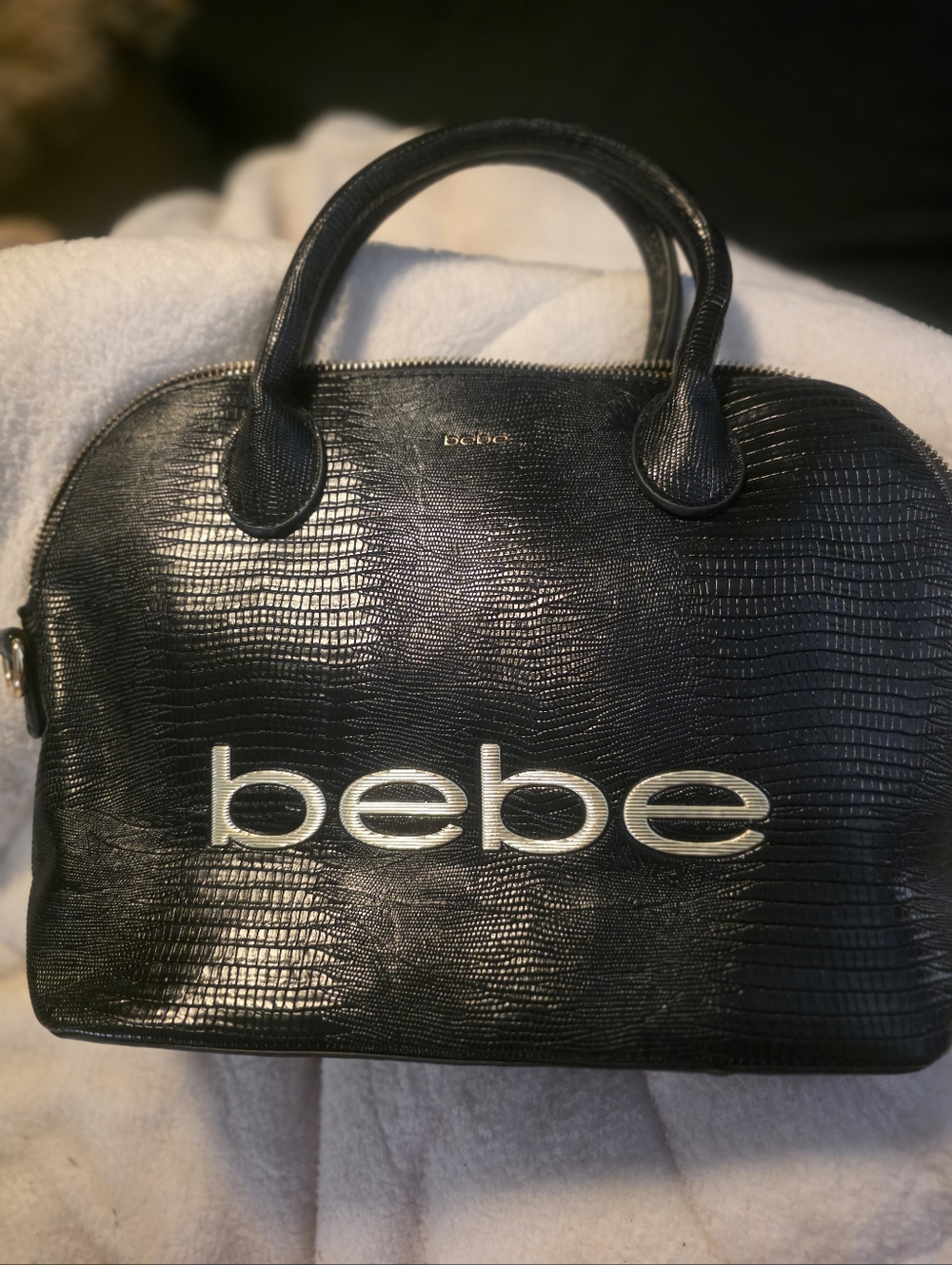 bebe Black Textured Logo Dome Satchel